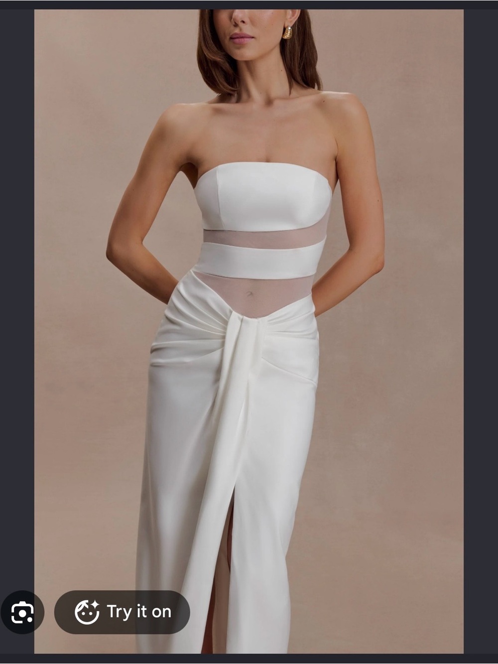 Meshki White Strapless Sheer-Band Twist Front Maxi Dress